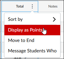 Graphic showing the Total column options menu to change between Display as Points and Display as Percentage