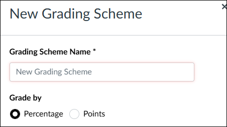Graphic of the New Grading Scheme pop up with the Grading Scheme Name textbox