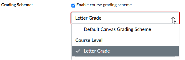 Graphic of the pulldown menu where the user can select the Letter Grade grading scheme option