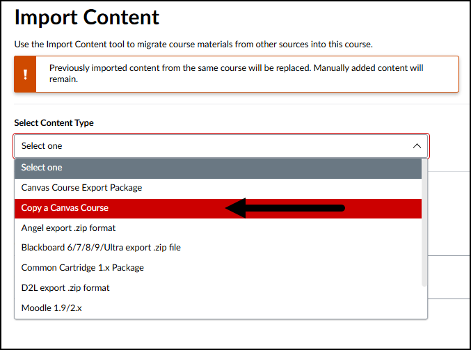Image of the Select Content Type drop-down options with Copy a Canvas Course highlighted.