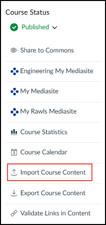 Image of the Import Course Content link in Settings in Canvas.