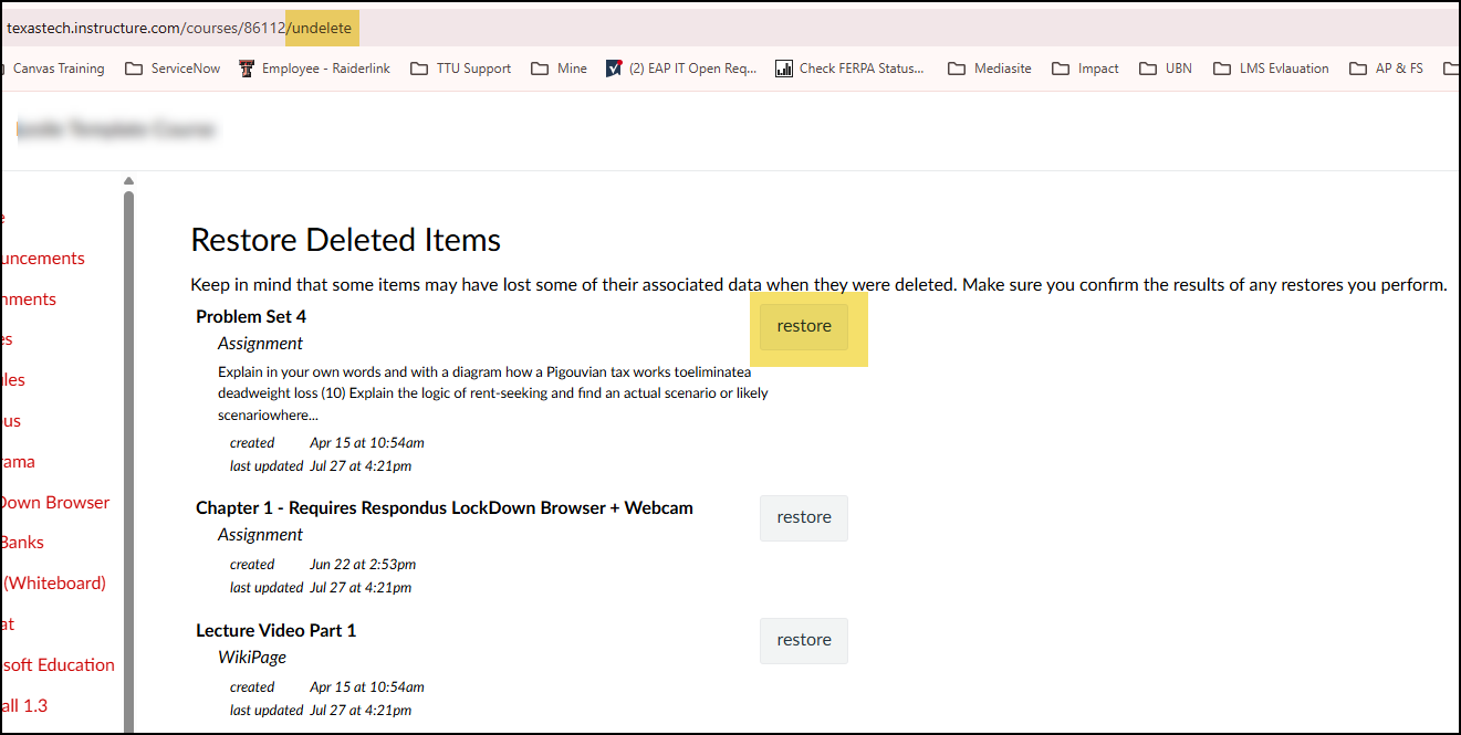Undelete item