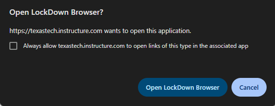 Image of the Open LockDown Browser option for students for New Quizzes