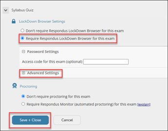 Image of the Require Respondus LockDown Browser radio button selected