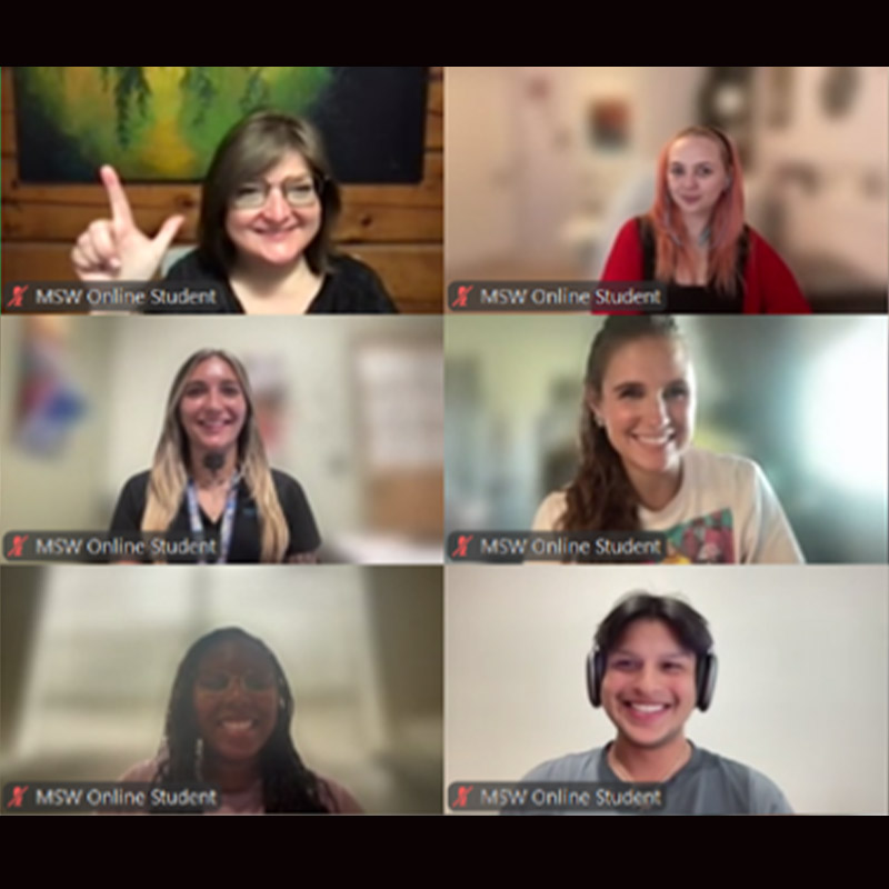 Photo of 6 students from the texas tech online master's of social work program having a virtual teams call.
