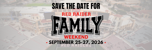 Image showing the logo for Red Raider Family Weekend and the date for Family Weekend 2026.