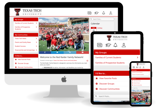 Image of the Red Raider Family Network home page on a desktop, tablet, and phone.