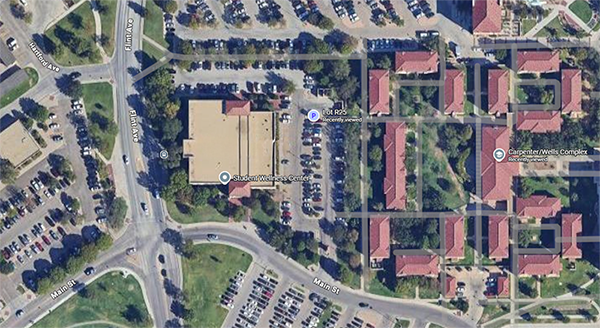 Student Wellness Center Parking Lot Map of R25 Student wellness center cross streets Main and Flint Ave. Parking lot R25 off of Main street next to Carpenter/Wells resident halls.