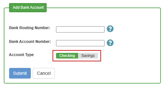 Add Bank Account window displayed with the account type option field indicated.