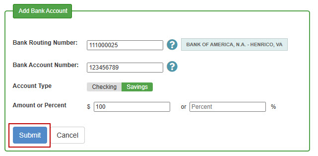 A sample account and routing number entered in the Add Bank Account window with the "Submit" button highlighted.