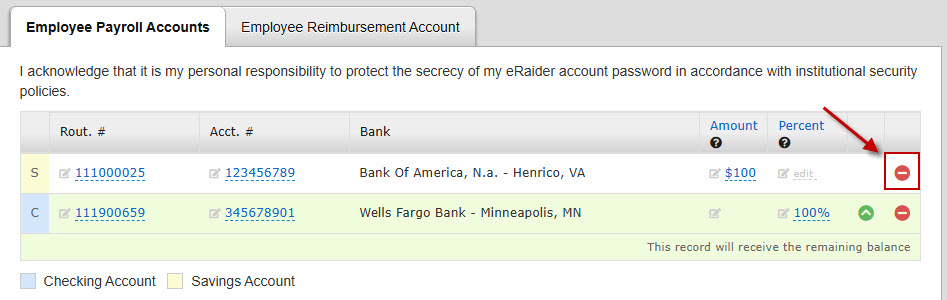 My Deposit Application with two sample accounts displayed. The minus icon to the right of the first sample account is highlighted to indicate how to delete the account.