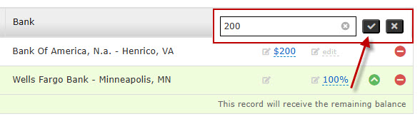 The editing box for the account's amount is displayed above the existing amount. The checkmark confirmation button is indicated.