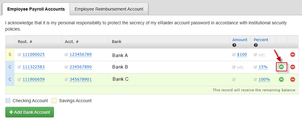 Direct deposit allocation with multiple accounts. The increase priority arrow to the right of the account percentage is indicated.