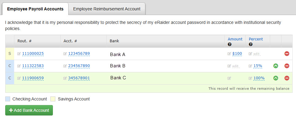 Direct deposit allocation example. Bank A, savings account - $100; Bank B, checking account - 15%, Bank C, checking account - 100%