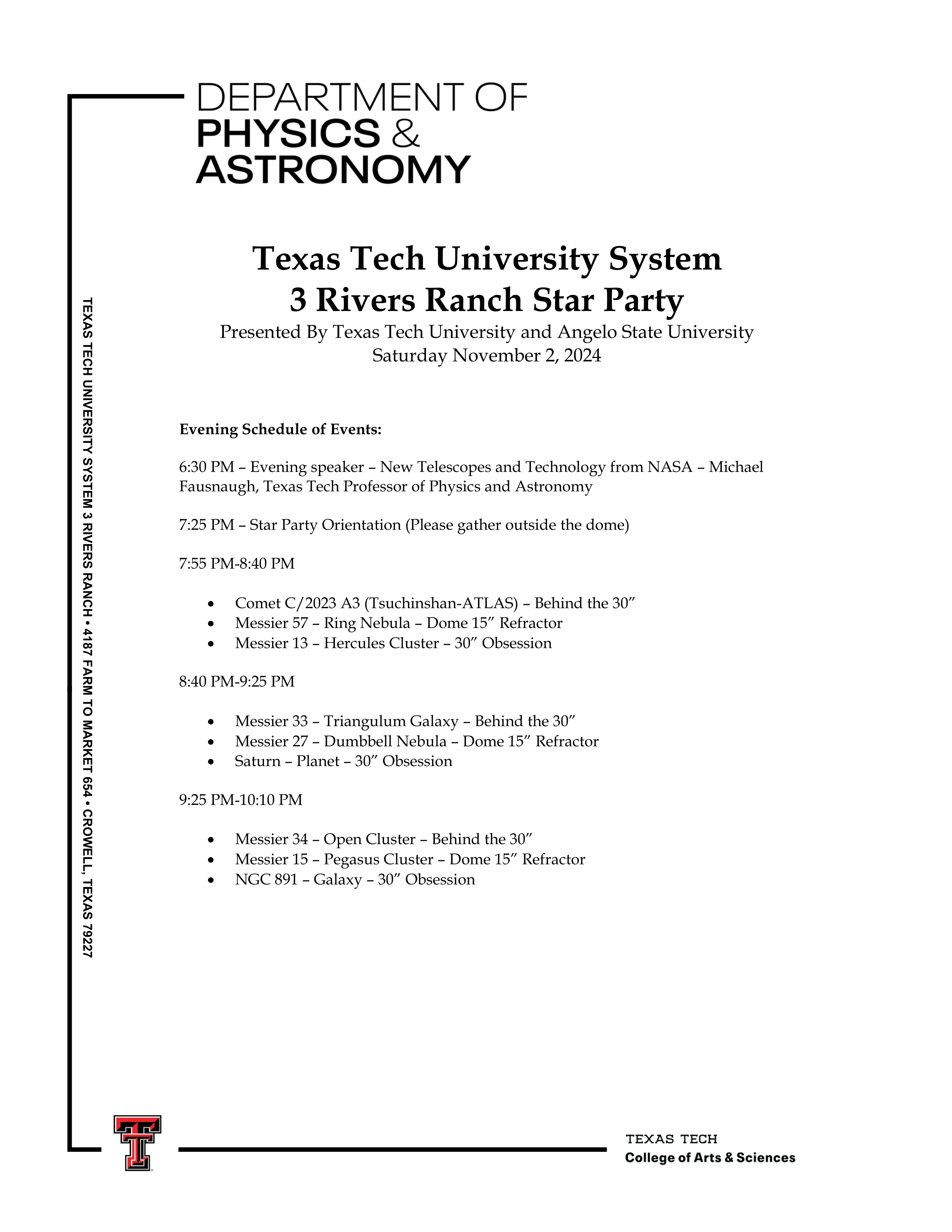 November 2 Schedule Physics and Astronomy TTU