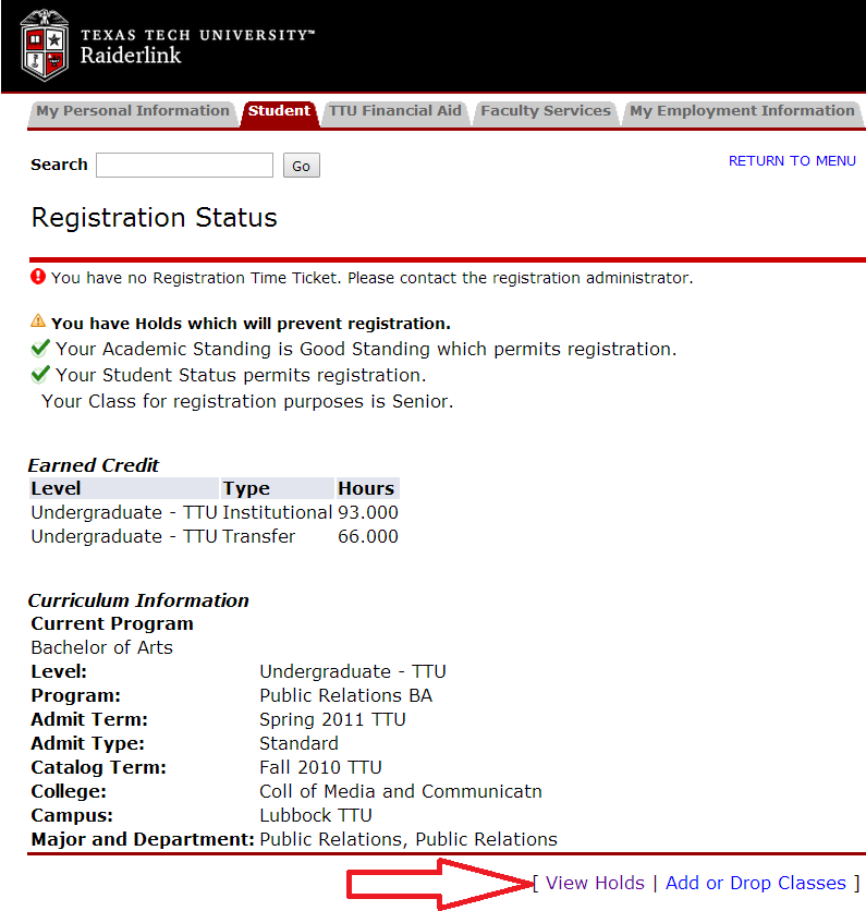 View Registration Holds