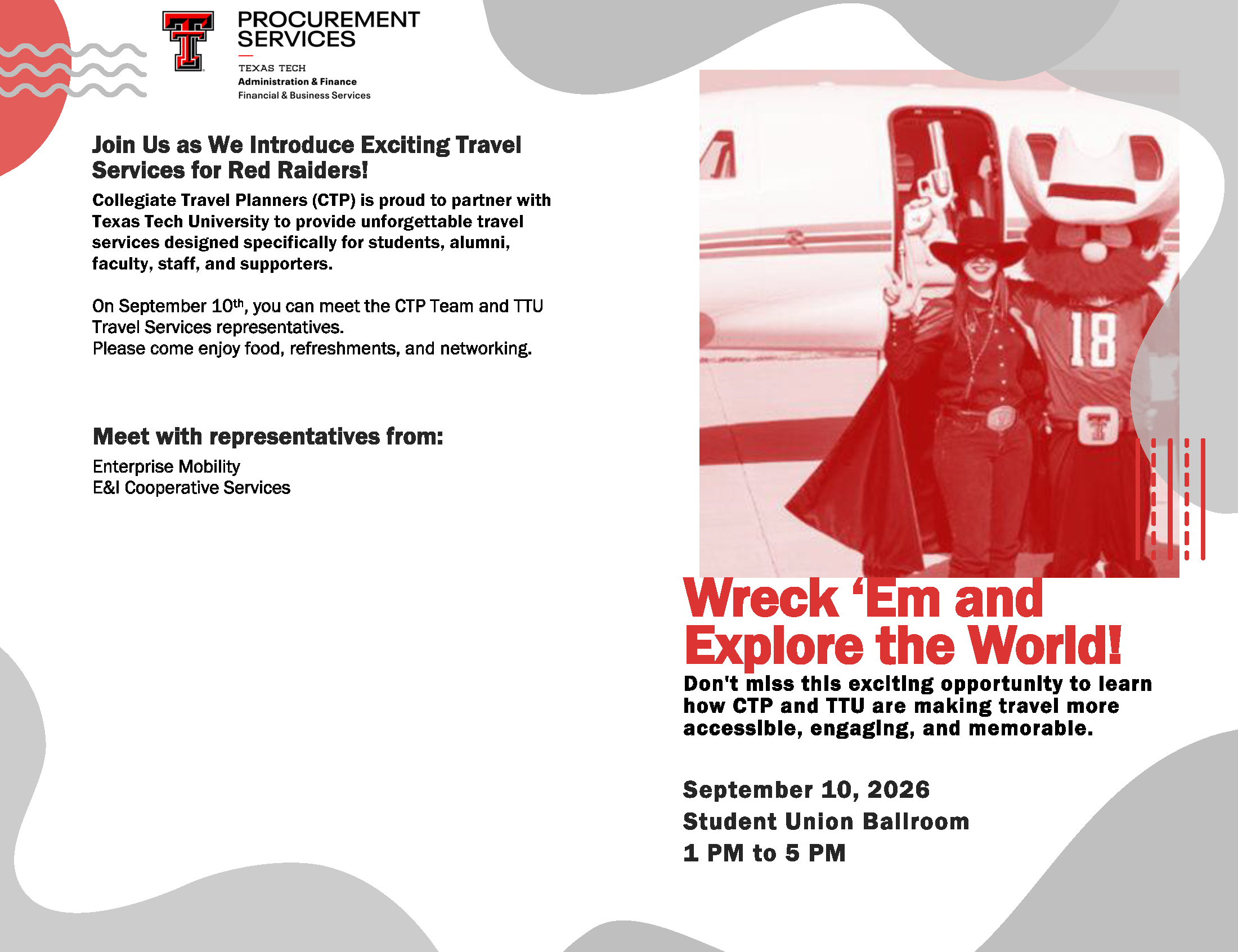 Join Us as We Introduce Exciting Travel Services for Red Raiders! Collegiate Travel Planners (CTP) is proud to partner with Texas Tech University to provide unforgettable travel services designed specifically for students, alumni, faculty, staff, and supporters. On September 10th, you can meet the CTP Team and TTU Travel Services representatives. Please come enjoy food, refreshments, and networking CTP Launch Party flyer