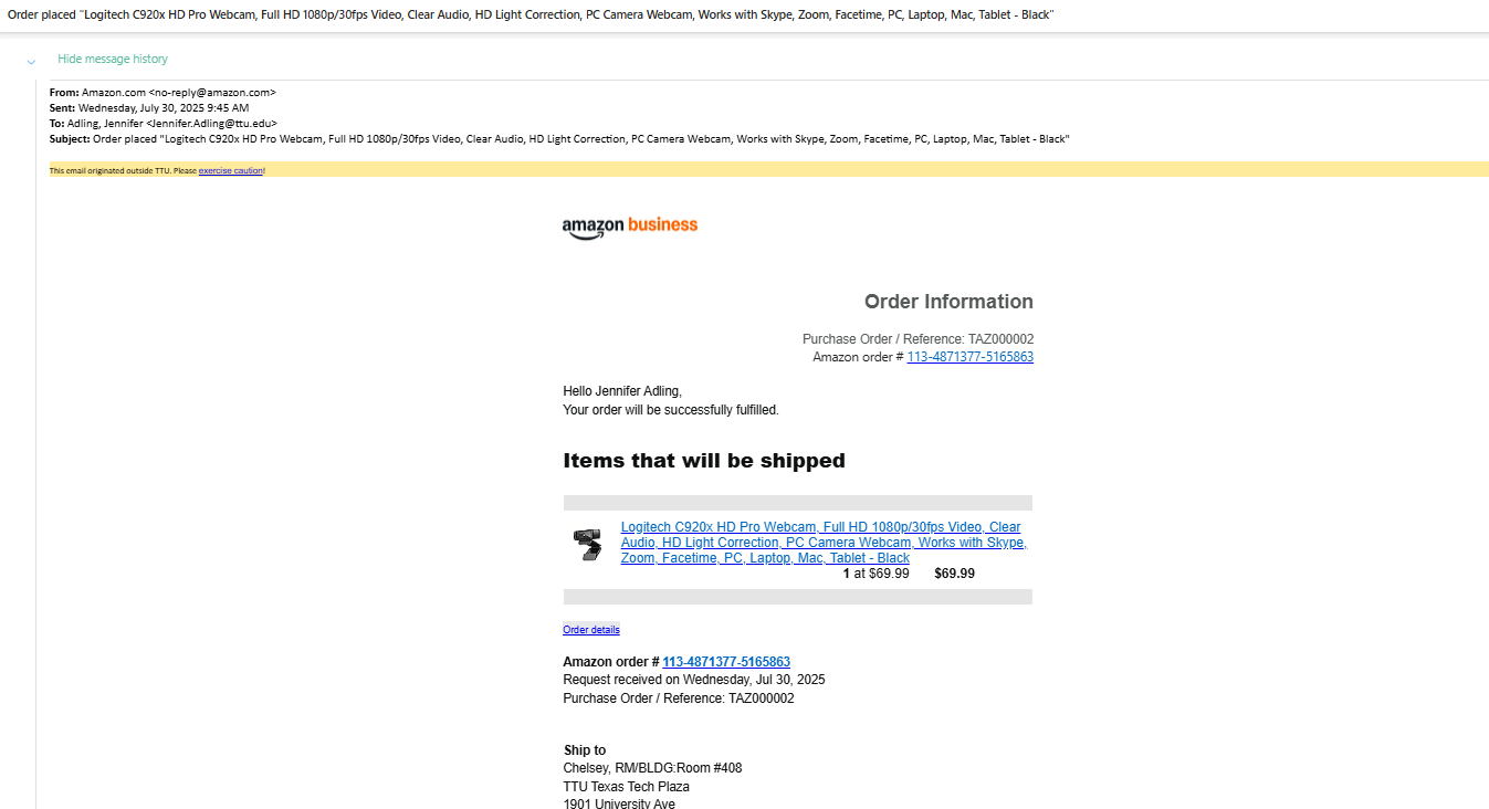 Screenshot of Order Confirmation email from Amazon