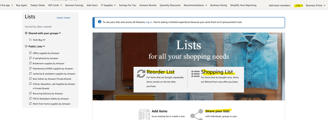Screenshot demonstrating where the Reorder List, Shopping List, etc. are in the Amazon punchout.