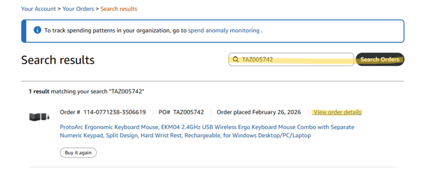 search for your order in amazon