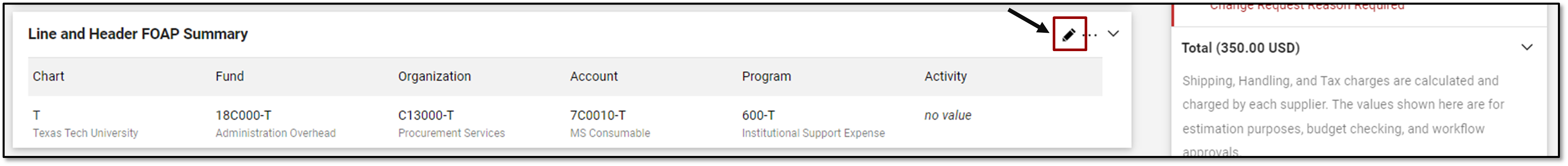 Locate the pencil icon on the Line and Header FOAP Summary