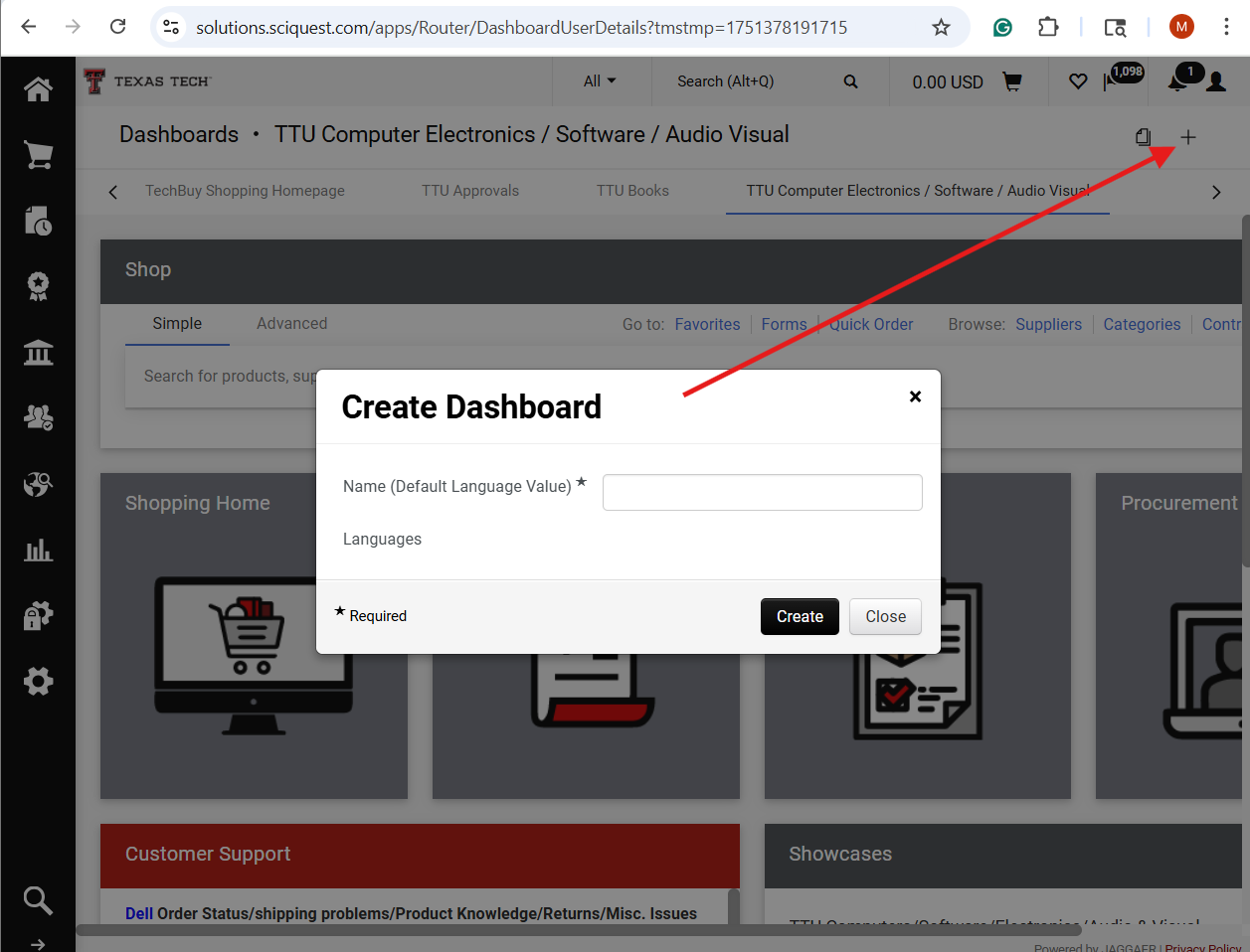 TechBuy screenshot showing where to click to create a new dashboard