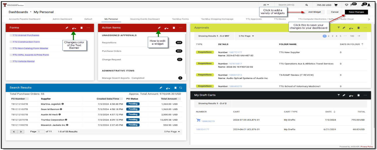 Screenshot of a sample completed dashboard