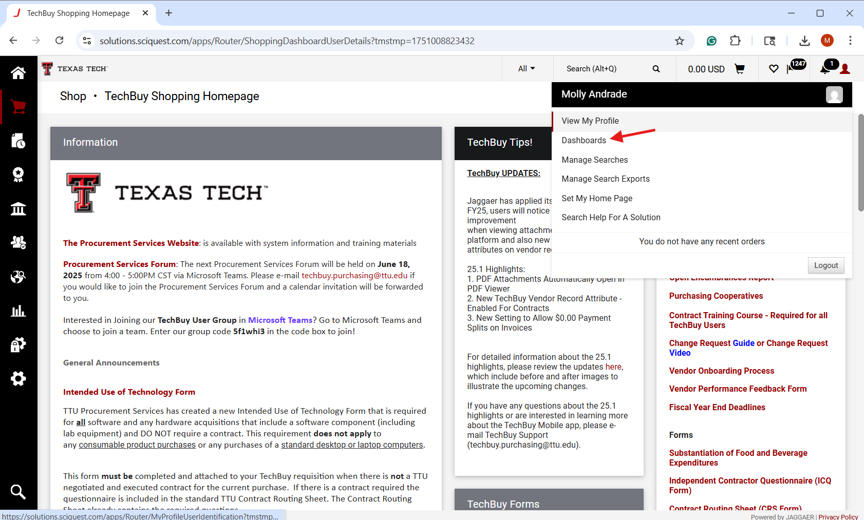 Screenshot showing how to access the dashboards tab in TechBuy