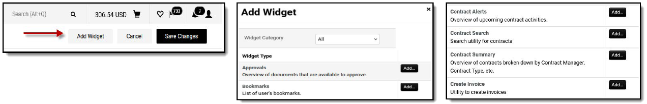 Screenshot showing how to add a widget and then displaying the options that are available.