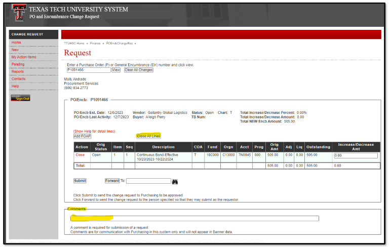 Screenshot highlight how to enter the transaction details in order to submit an encumbrance release request.