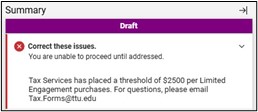 Screenshot illustrating a sample error you may receive when submitting this form. This error occurs when the payment amount is listed as more than $2500.