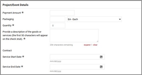 Screenshot of the TechBuy Limited Engagement Form, outlining what fields must be filled out. These include: Payment Amount, Quantity, Description, Start Date, and End Date for the Services/Project.