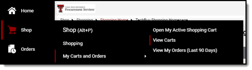 TechBuy screenshot displaying how to locate the "My Carts and Orders" and "View Carts" pages in the Shopping tab.