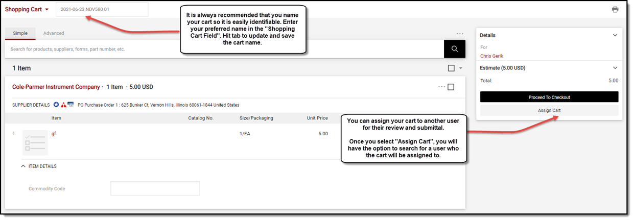 TechBuy screenshot showing where to Name or Assign a shopping cart.