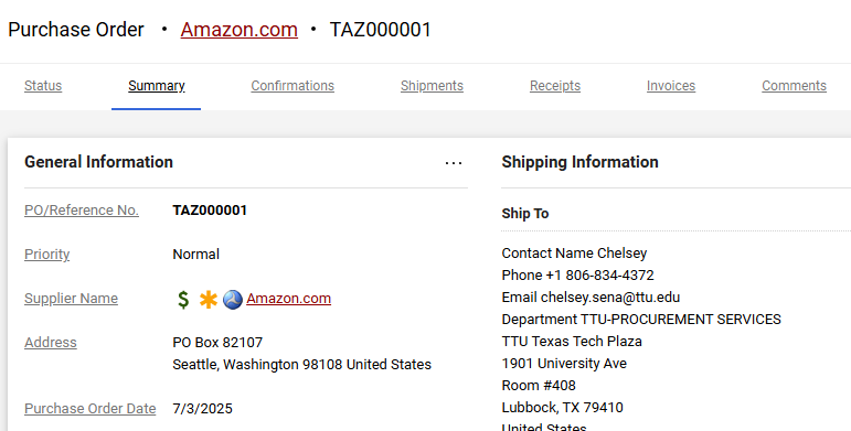 Screenshot showing how the Amazon orders will appear with the TAZ prefix.