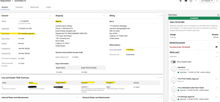 Screenshot of TechBuy requisition with highlights showing where to edit.