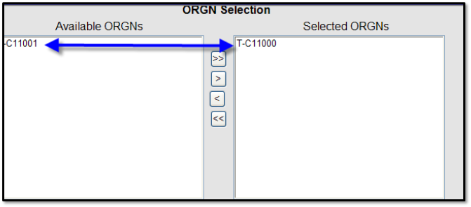 Screenshot showing how to move org codes (ORGNs) from Available to Selected