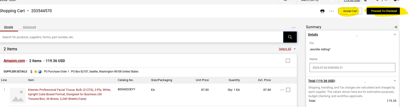 Checking out in the TechBuy system after being returned to the punchout.