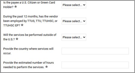 Screenshot of the Limited Engagement Form in TechBuy where users need to fill out the details of the vendor's services, including if the payee is a US Citizen or Green Card holder, if the vendor has been employed with TTU/TTUS/TTUHSC/TTUHSCEP in the previous 12 months, if the service will be performed outside the US, and what number of hours the service will be require.