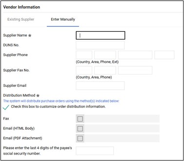 Screenshot of the vendor information section in the TechBuy Limited Engagement Form if the supplier is a new supplier in the system.