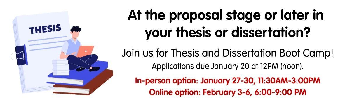 Apply here for online or in-person thesis and dissertation boot camp!  Applications due January 20 at noon.