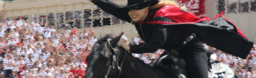 Speed masked rider and horse in motion on sunny saturday