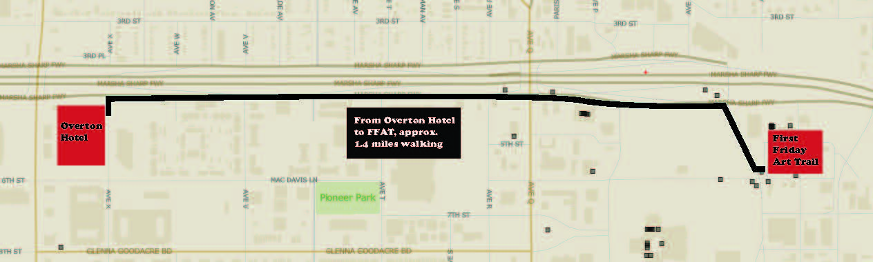 Map of distance from hotel to First Friday Art Trail (1.4 miles walking)