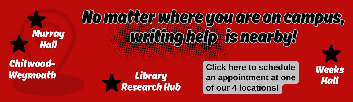 Image: Red field with four black stars in different corners. Each star has a different building name under it. Weeks Hall, Library Research Hub, Chitwood-Weymouth, Murray Hall. Text: No matter where you are on campus, writing help is nearby! Click here to schedule an appointment at one of our 4 locations!