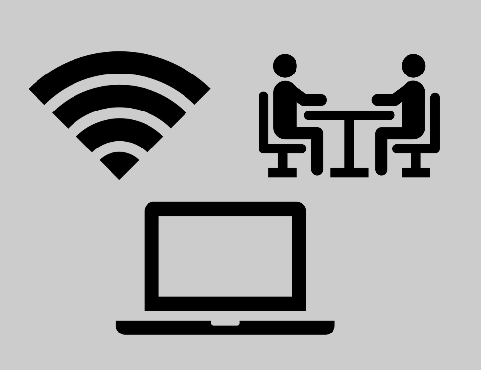 Appointment Types A black wi-fi icon, laptop icon, and two people sitting across from each other at a table on a light gray field