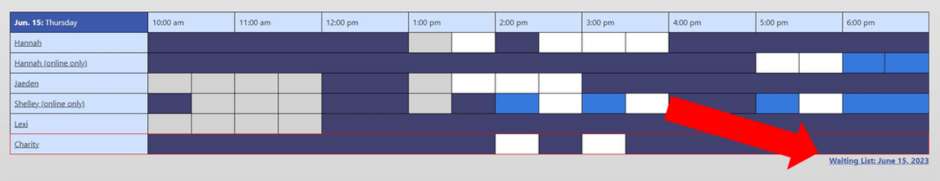 Screenshot of the WCOnline schedule showing the Waiting List link.