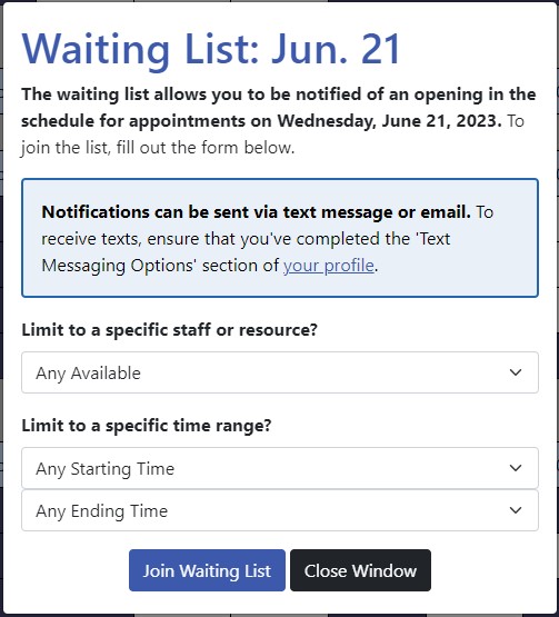 Screenshot of popup menu from WCOnline showing example of adding yourself to the waitlist