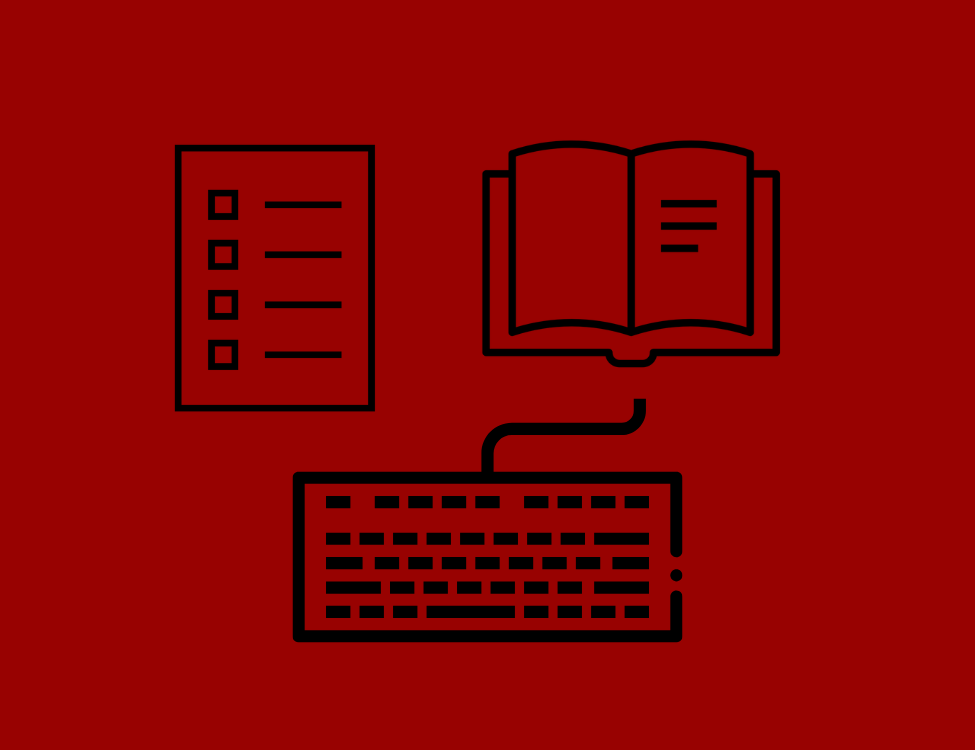 Writing Resources Icons of a sheet of paper with information on it, a book and a keyboard on a dark red field