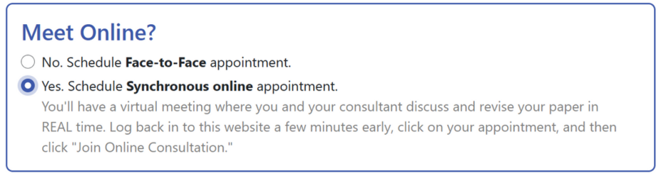Screenshot of appointment scheduler showing selection of synchronous online appointment radio button selected, the second option on a two option list.