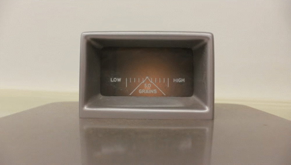 Closeup of readout on the Fiberweigh zeroing in on proper sample mass for testing (50 grains).